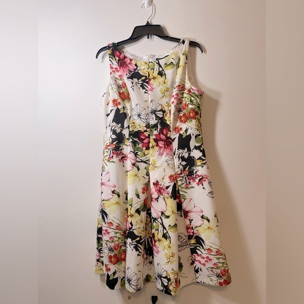 American Living Womens Floral V Neck A Line Mid Length Dress White Pink Size 14